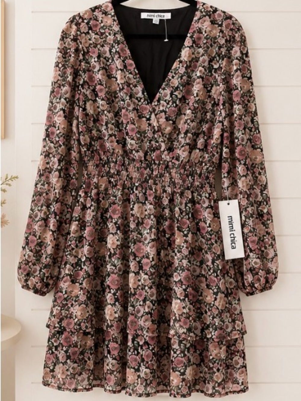 Mimi Chica Pink and Beige Floral Tiered V-Neck Dress